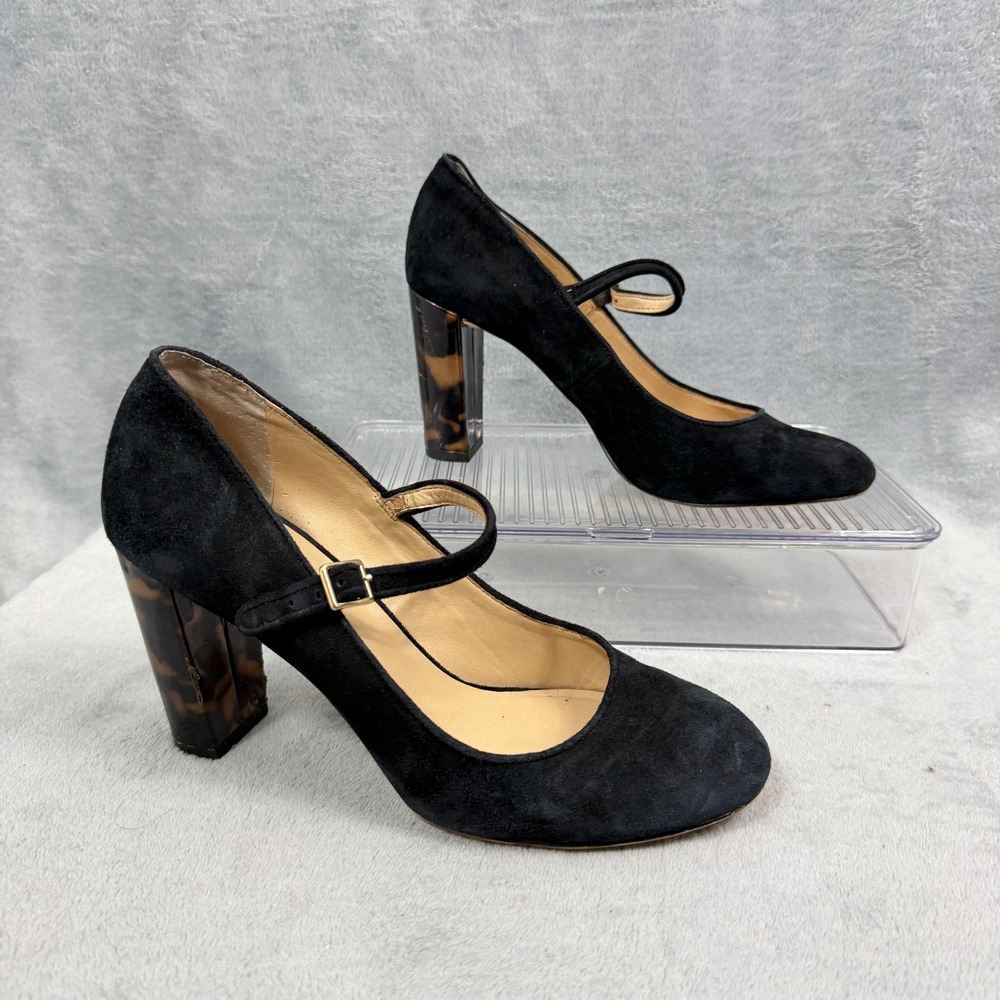 Lands End Womens 7B Black Suede Mary Jane Tortoise Block Heel Office Siren Shoes
